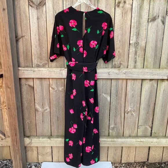 Zara Floral Jumpsuit Tie Waist Short Sleeve Slit Cropped Wide Leg Black Large - Picture 3 of 10